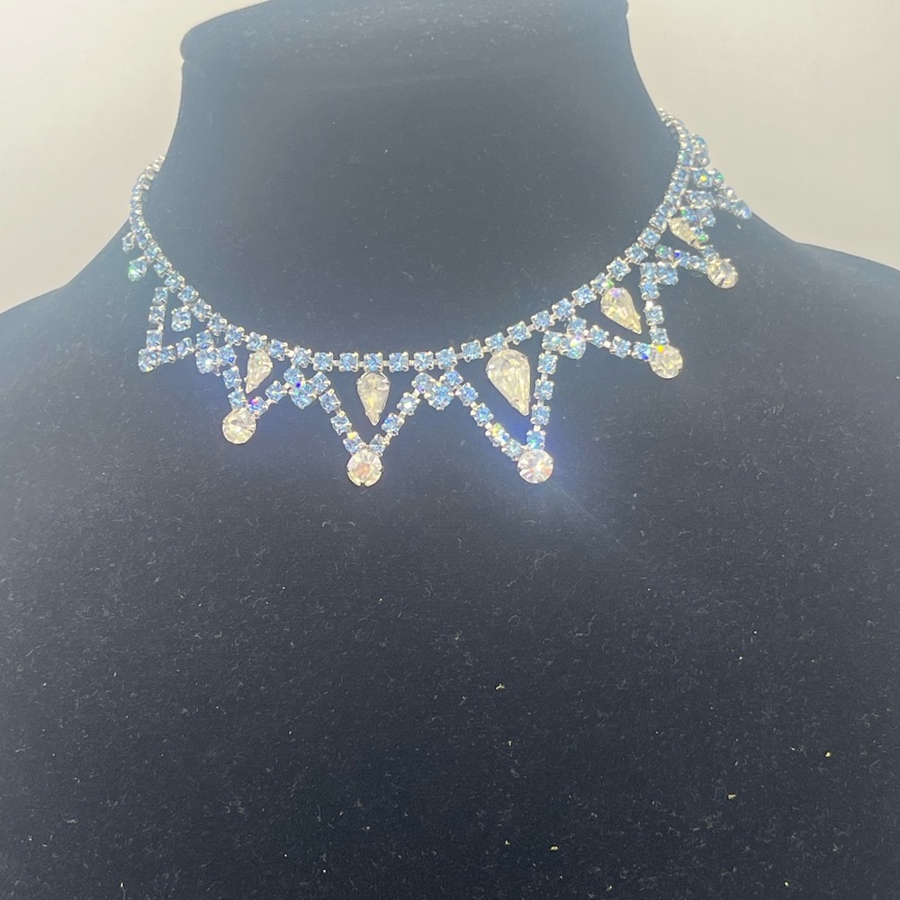 Vintage Blue/Clear Rhinestone Silver Tone Choker Necklace 15”